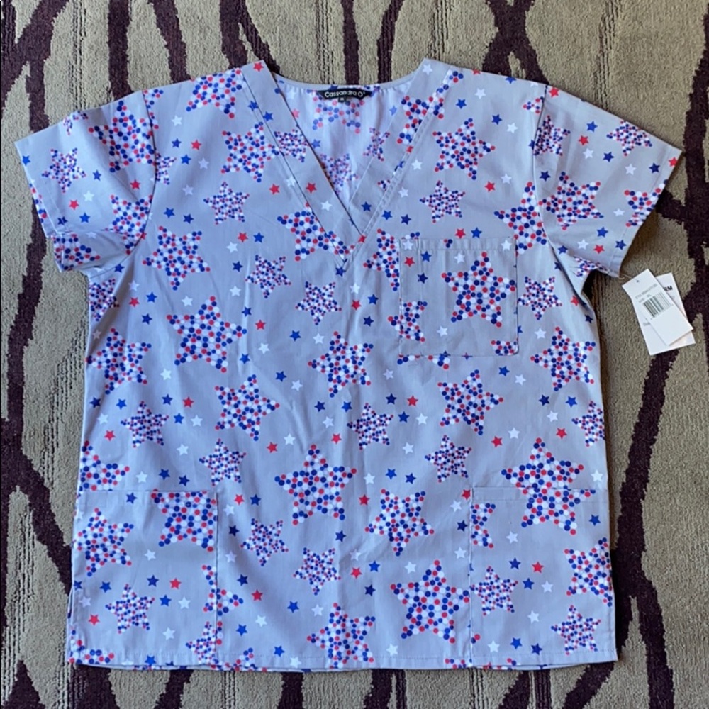Red, White, and blue scrub top